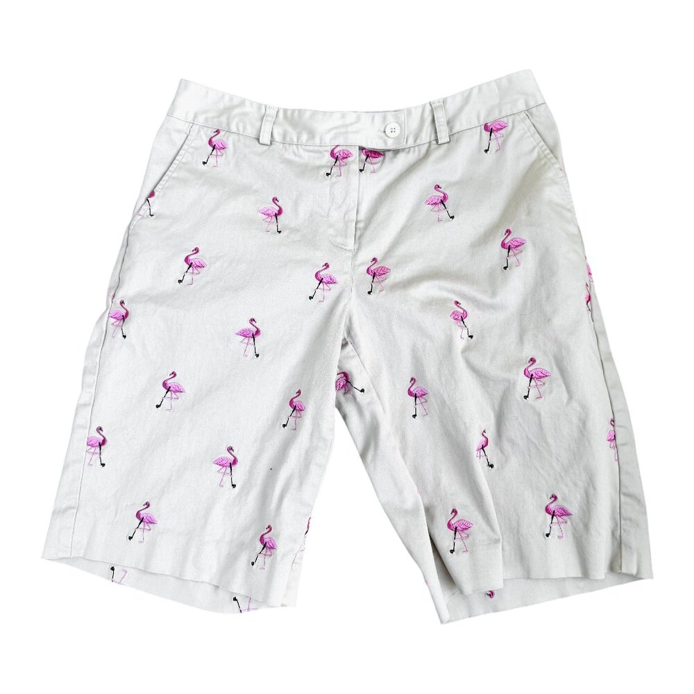 Lilly Pulitzer Bermuda Shorts Mid Rise Pink Flamingo Khaki Tan (6)